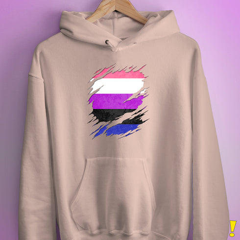 Genderfluid Pride Flag Ripped Reveal Hoodie - Light Pink